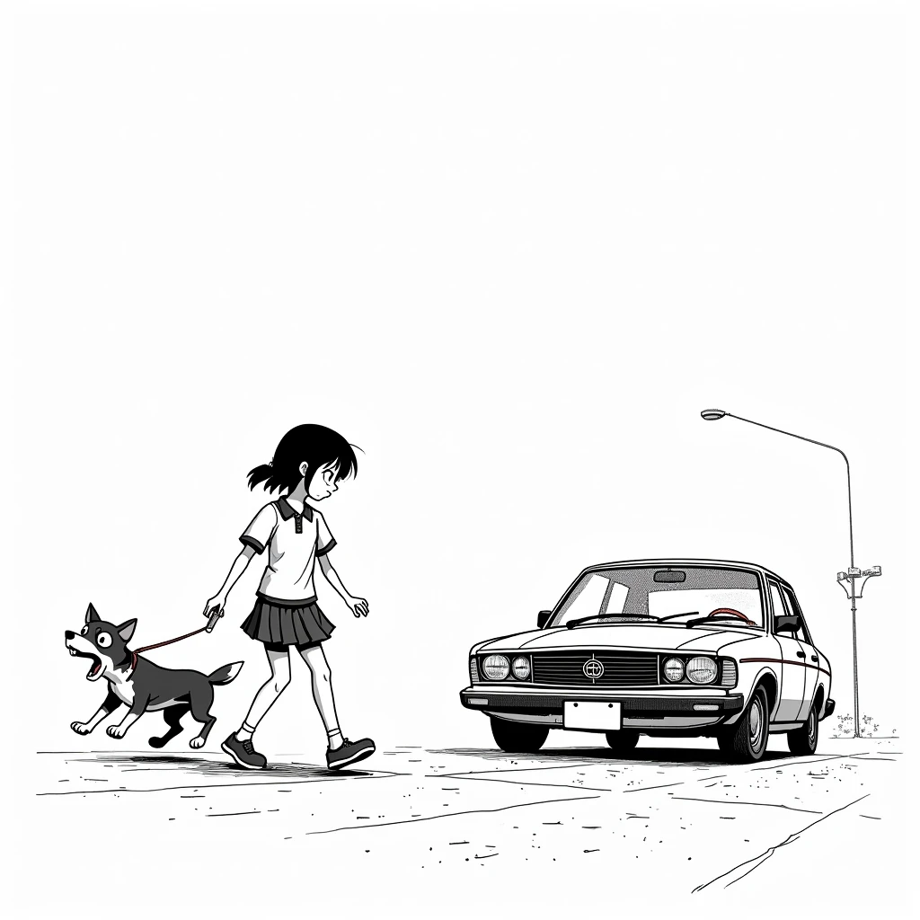 Japanese high school girl in tennis clothes, panicked, Tokyo street, oncoming car, dog bravely jumps out to save her life, tense atmosphere, busy city background Japanese comic book, white background, black and white, ink lines, long shot