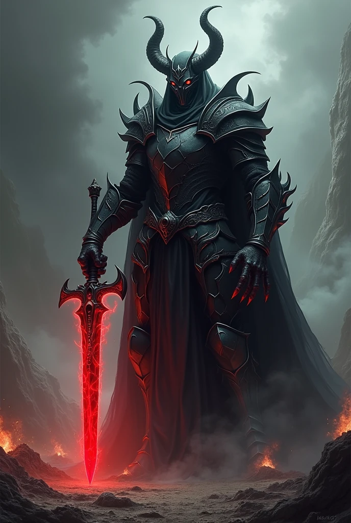 A knight from hell who have a accurses hand holding a red blade