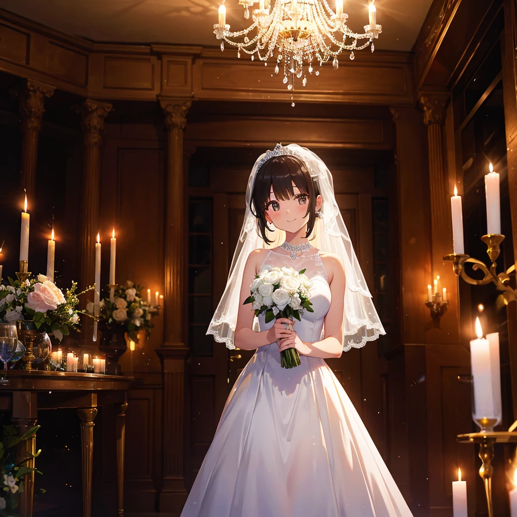 absurdres, highres,
BREAK
bride girl wearing wedding dress in reception party, background is darkened Party venue, holding long candle, candle service, spotlight, night, smile