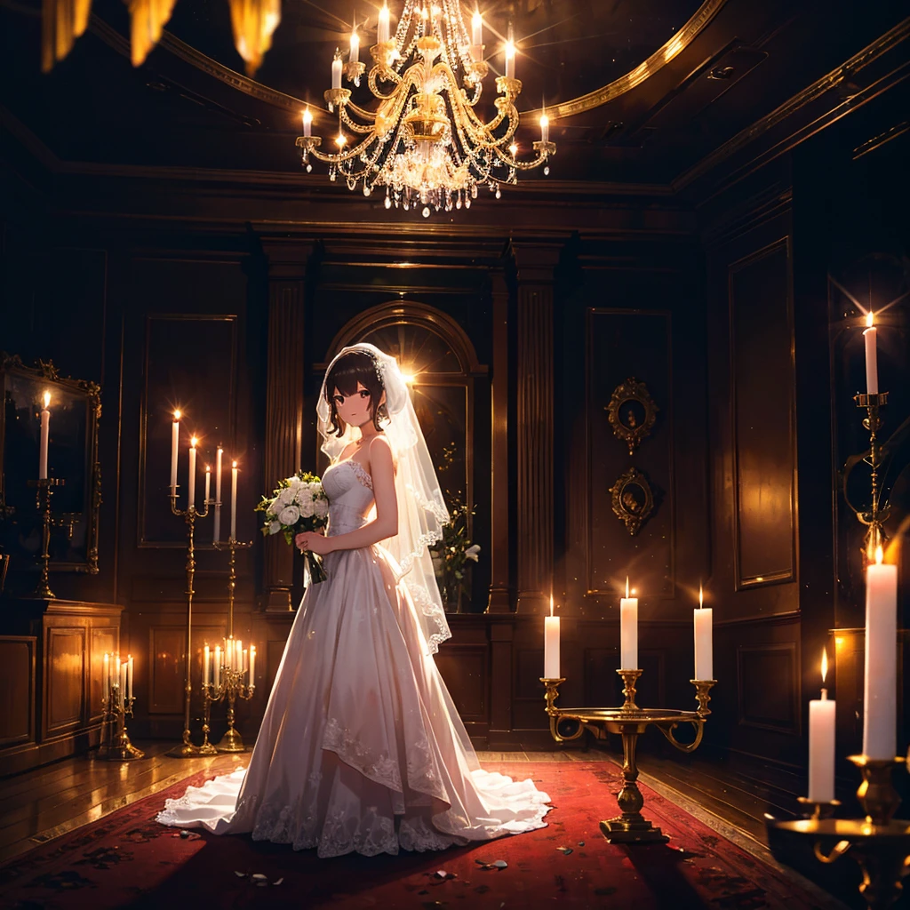 absurdres, highres,
BREAK
bride girl wearing wedding dress in reception party, background is darkened Party venue, holding long candle, candle service, spotlight, night, smile