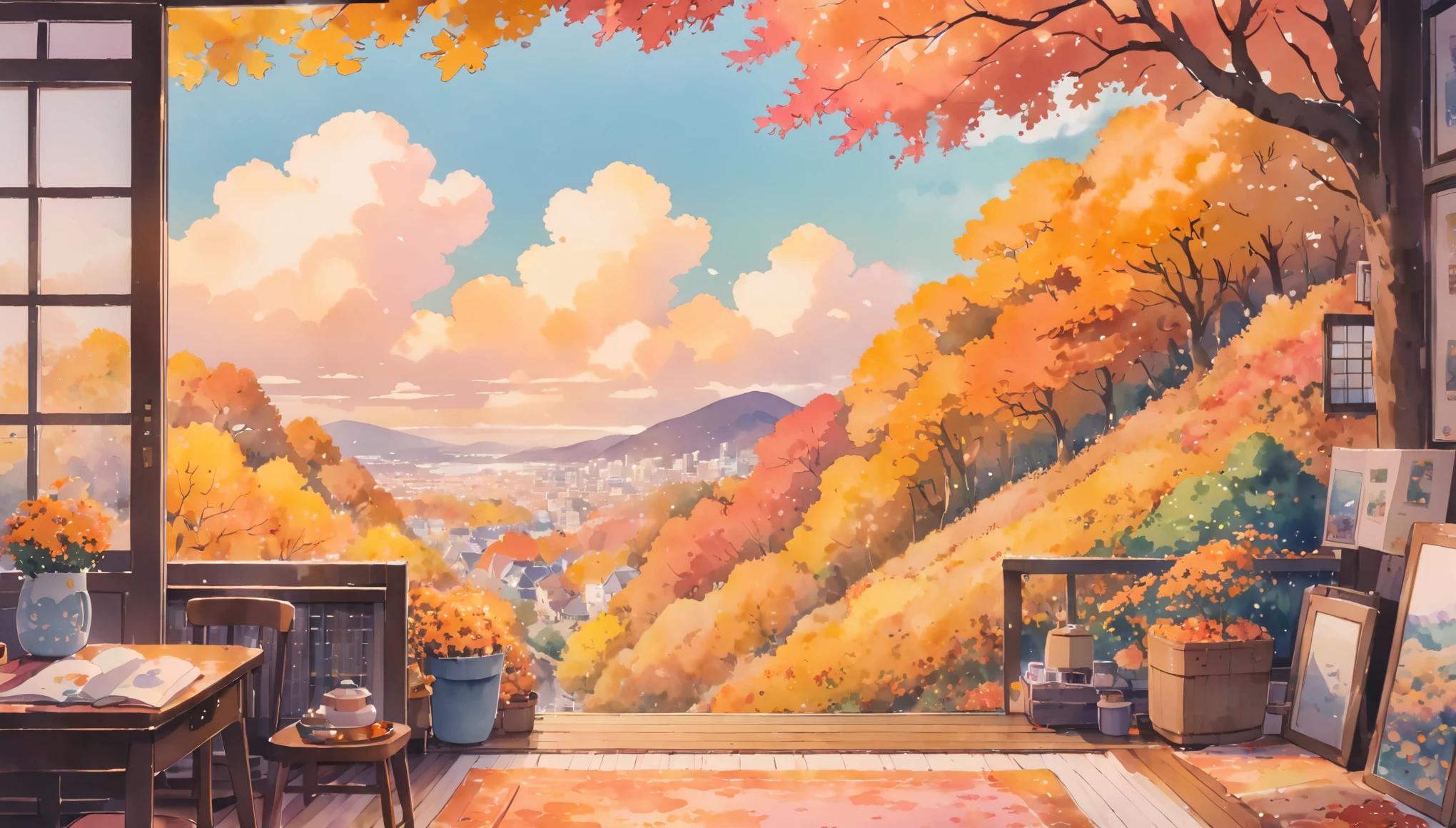 ultrawide Cozy autumn aesthetic fall,Studio ghibli inspired,Watercolor,no people,Lofi,Cute