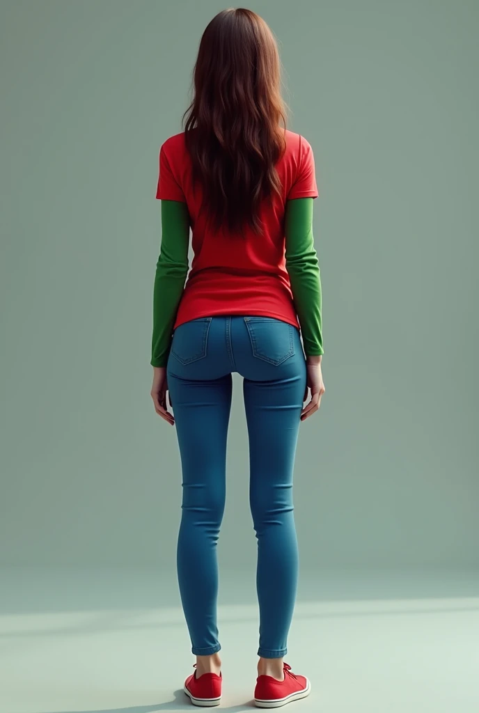 Girl who is wearing blue tight trousers has her back facing the camera and her feet are visible red full sleeves t shirt with green sleeves