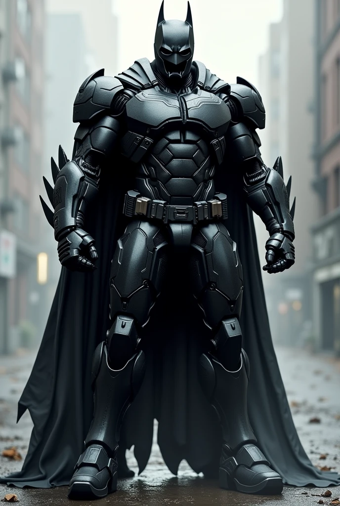 Suppose that Iron Man design a Batman suits color is black and heavy suit and machine gun and missile like war machin armor ark reactor