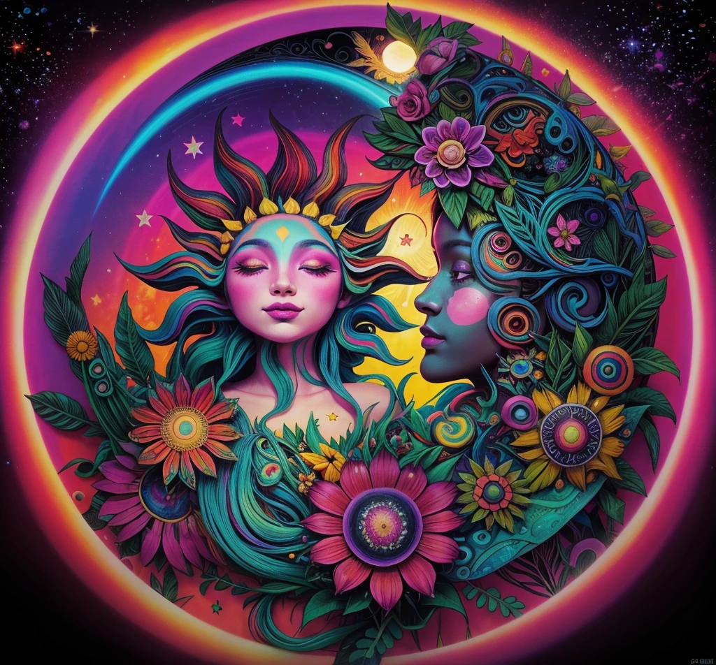 Un primer plano de un sol y una luna con flores sobre un fondo negro, Eclipse exuberante y colorido, psychedelic artwork, Psychedelic floral planets, Colorido Cosmic Last Moongate, Use psychedelic Wicca, Psychedelic goddess, psychedelic art style, psychedelic aesthetic, Diosa del Sol Azteca, whimsical and psychedelic, Psychedelic sunset, psychedelic style, Arte trippy, psychedelic artwork, art deco flower shaman