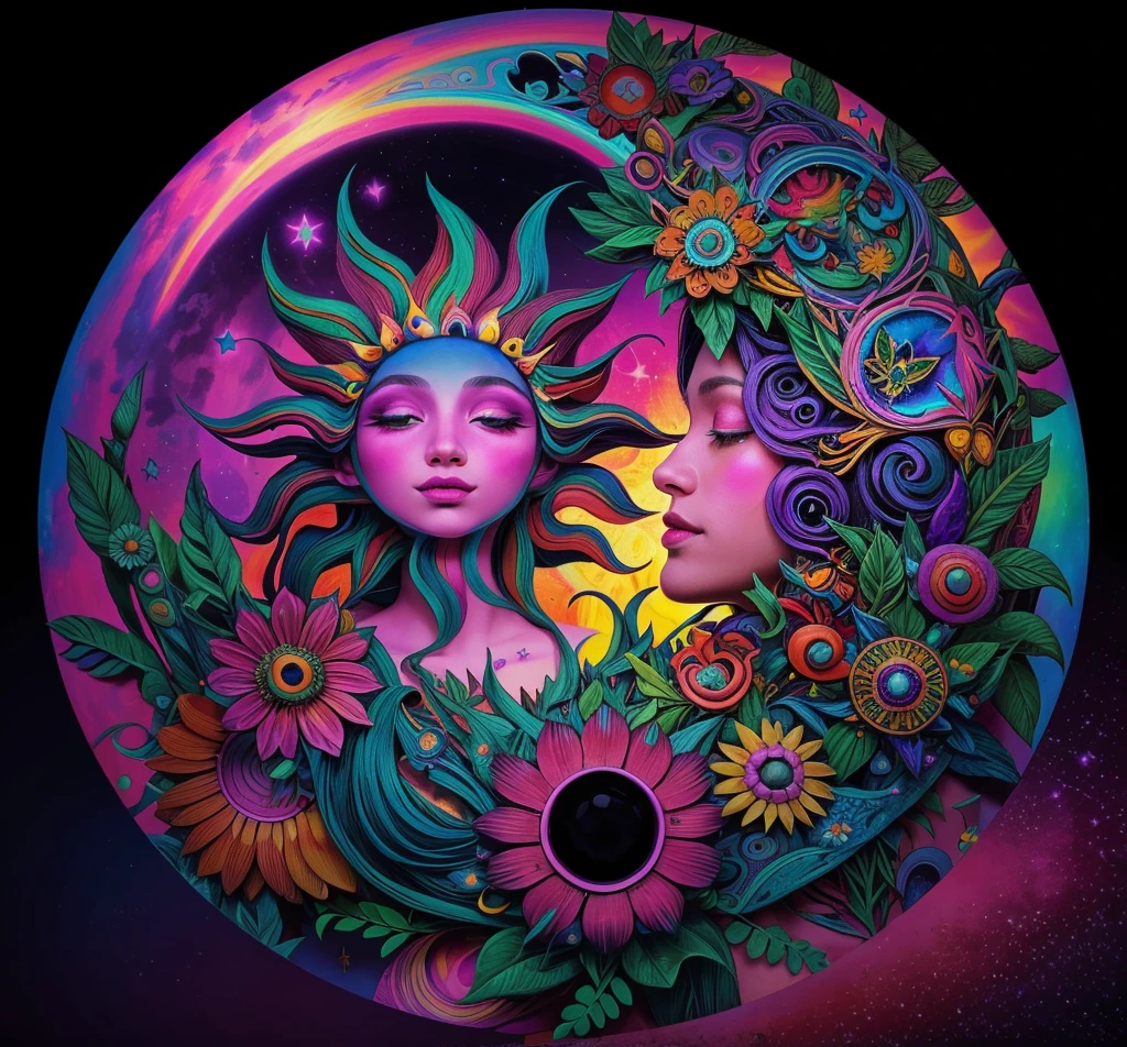 Un primer plano de un sol y una luna con flores sobre un fondo negro, Eclipse exuberante y colorido, psychedelic artwork, Psychedelic floral planets, Colorido Cosmic Last Moongate, Use psychedelic Wicca, Psychedelic goddess, psychedelic art style, psychedelic aesthetic, Diosa del Sol Azteca, whimsical and psychedelic, Psychedelic sunset, psychedelic style, Arte trippy, psychedelic artwork, art deco flower shaman