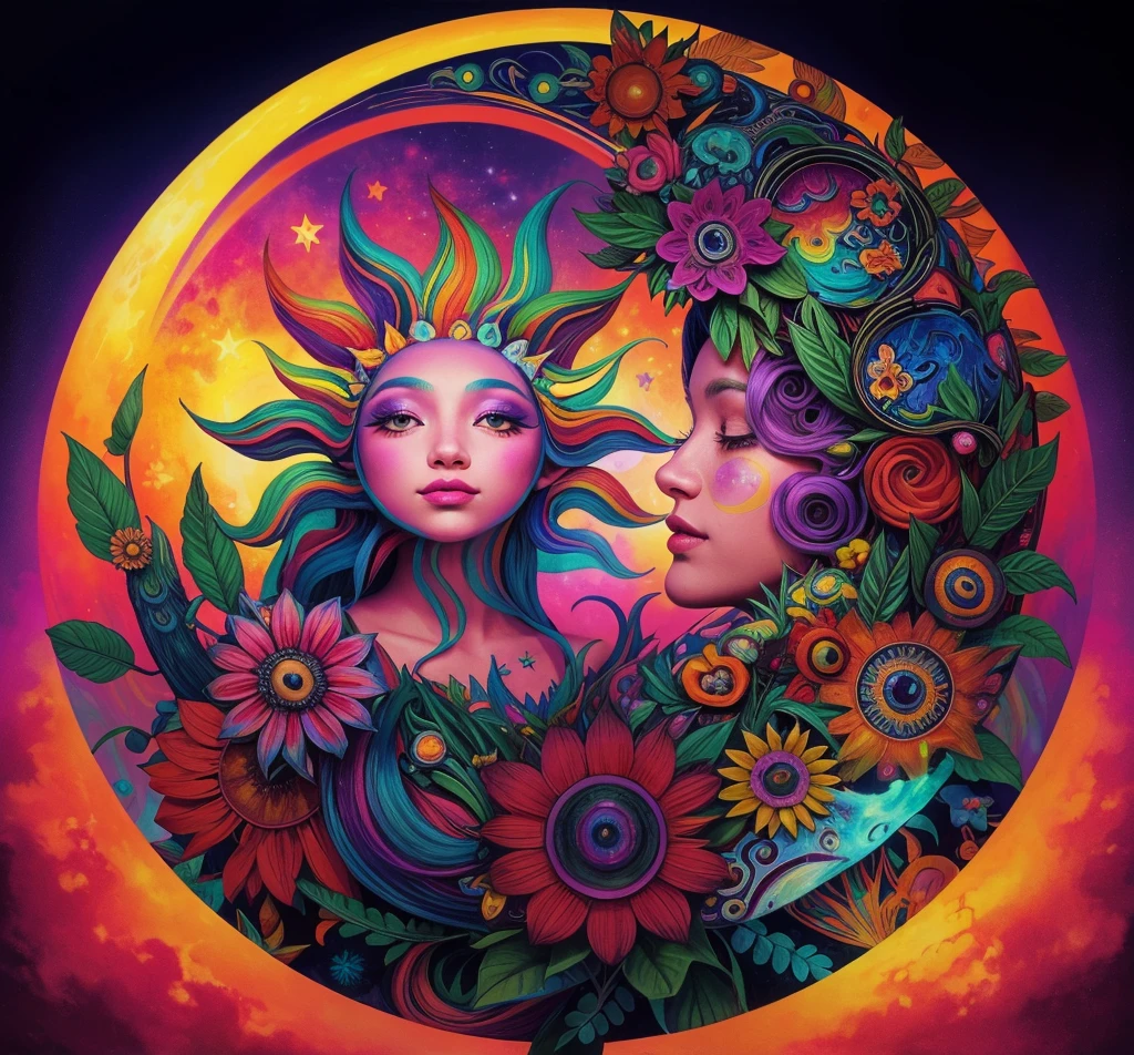 Un primer plano de un sol y una luna con flores sobre un fondo negro, Eclipse exuberante y colorido, psychedelic artwork, Psychedelic floral planets, Colorido Cosmic Last Moongate, Use psychedelic Wicca, Psychedelic goddess, psychedelic art style, psychedelic aesthetic, Diosa del Sol Azteca, whimsical and psychedelic, Psychedelic sunset, psychedelic style, Arte trippy, psychedelic artwork, art deco flower shaman