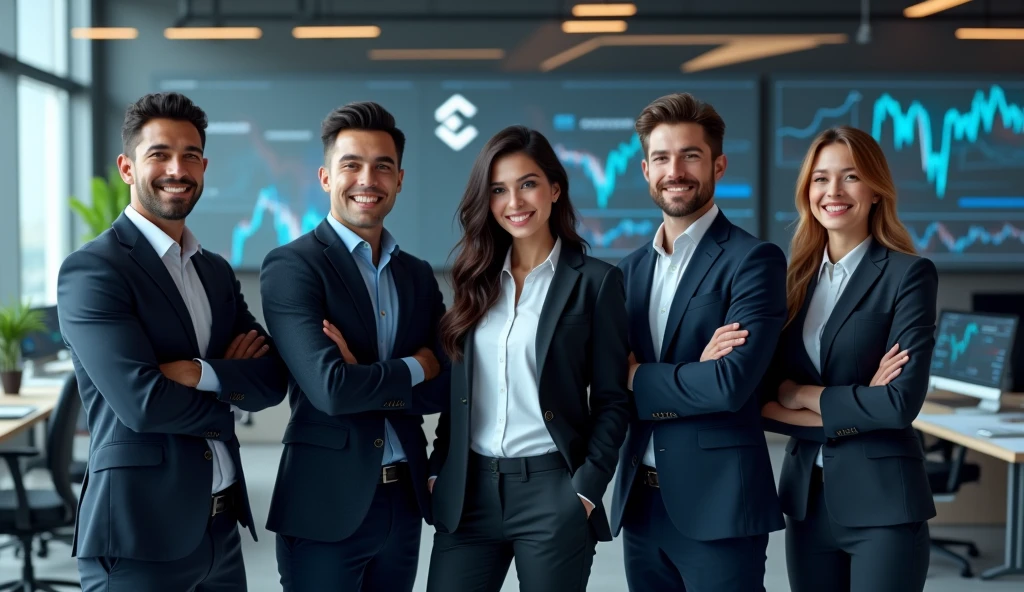 &quot;Create an image of a team of analysts consisting of 5 people of different genders with a snow-white smile and an athletic build. They should have a confident and inviting expression on their face., they must be dressed in business attire and stand in the office. Design must convey professionalism, trust and innovation, and subtle elements of digital technology or blockchain in the background should highlight the company&#39;s technological focus. The overall look should be stylish., professional and attractive. The background is an office where employees sit and analyze cryptocurrency charts on their computers., On the walls there is the company logo, 3 large letters CLA and a clearly legible inscription Cripto labs analytics»