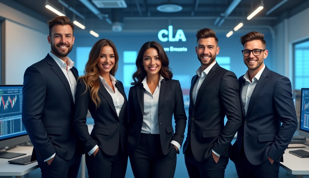 &quot;Create an image of a team of analysts consisting of 5 people of different genders with a snow-white smile and an athletic build. They should have a confident and inviting expression on their face., they must be dressed in business attire and stand in the office. Design must convey professionalism, trust and innovation, and subtle elements of digital technology or blockchain in the background should highlight the company&#39;s technological focus. The overall look should be stylish., professional and attractive. The background is an office where employees sit and analyze cryptocurrency charts on their computers., On the walls there is the company logo, 3 large letters CLA and a clearly legible inscription Cripto labs analytics»