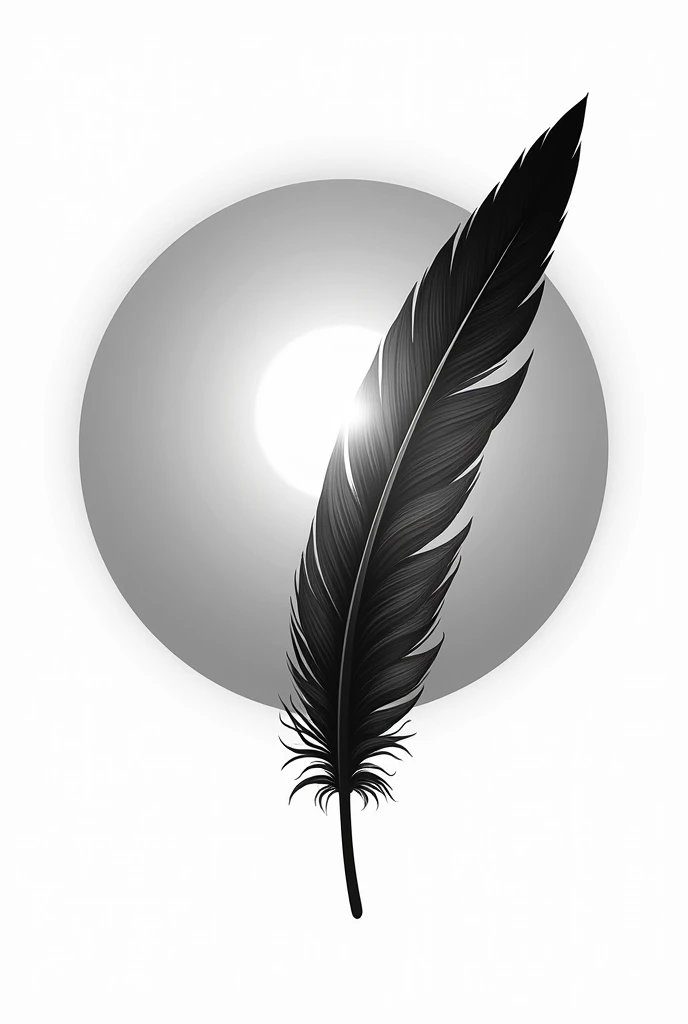 Draw me on a white background a black and white drawing of a large sun cut by a beautiful gerfalcon feather.