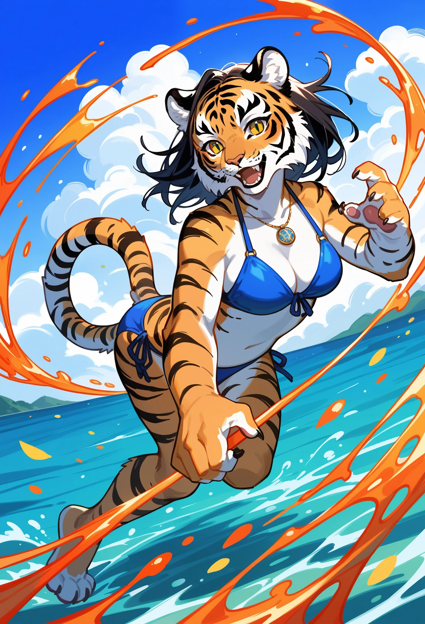 rating_safe, score_9, score_8_up, score_7_up, score_6_up, score_5_up, score_4_up, hires, source_furry(masterpiece, top-quality, Official art)Look at viewericro bikini, tiger and girl, Tiger painting}A flash of light runs, Colorful water levitation,