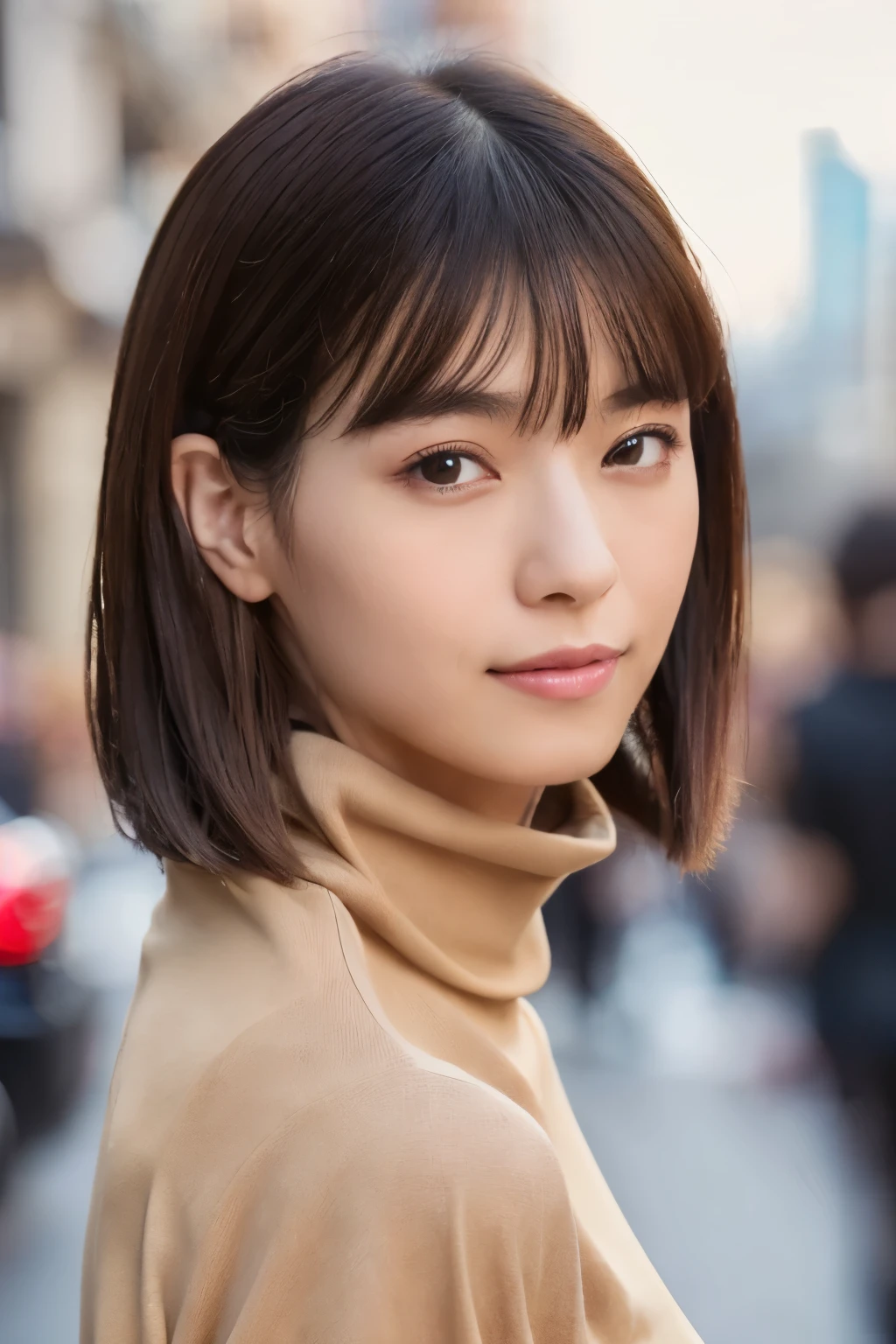 ((top-quality, in 8K, masterpiece:1.3)), Beautiful Japanese woman, perfect body:1.4, Slim abs:1.2, ((Straight hair:1.2)), (turtle neck:1.1), (a street:1.2), wetbody:1.5, Three-dimensional texture, A detailed eye, Brown hair, very thin waist, posterior view, looking back to the viewers