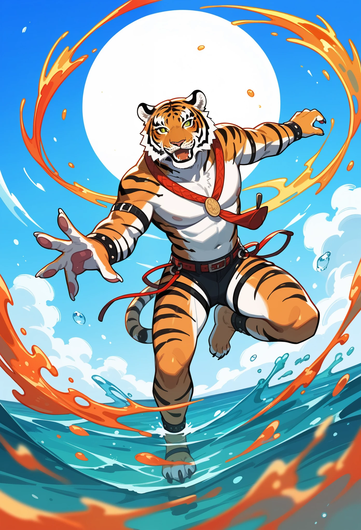 rating_safe, score_9, score_8_up, score_7_up, score_6_up, score_5_up, score_4_up, hires, source_furry(masterpiece, top-quality, Official art)Look at viewericro bikini, tiger and girl, Tiger painting}A flash of light runs, Colorful water levitation,