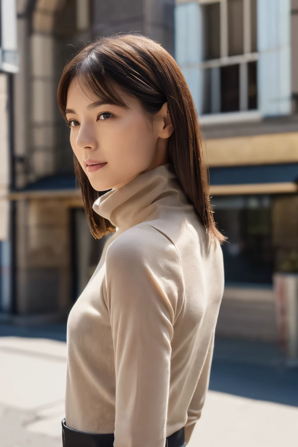 ((top-quality, in 8K, masterpiece:1.3)), Beautiful Japanese woman, perfect body:1.4, Slim abs:1.2, ((Straight hair:1.2)), (turtle neck:1.1), (a street:1.2), wetbody:1.5, Three-dimensional texture, A detailed eye, Brown hair, very thin waist, posterior view, looking back to the viewers