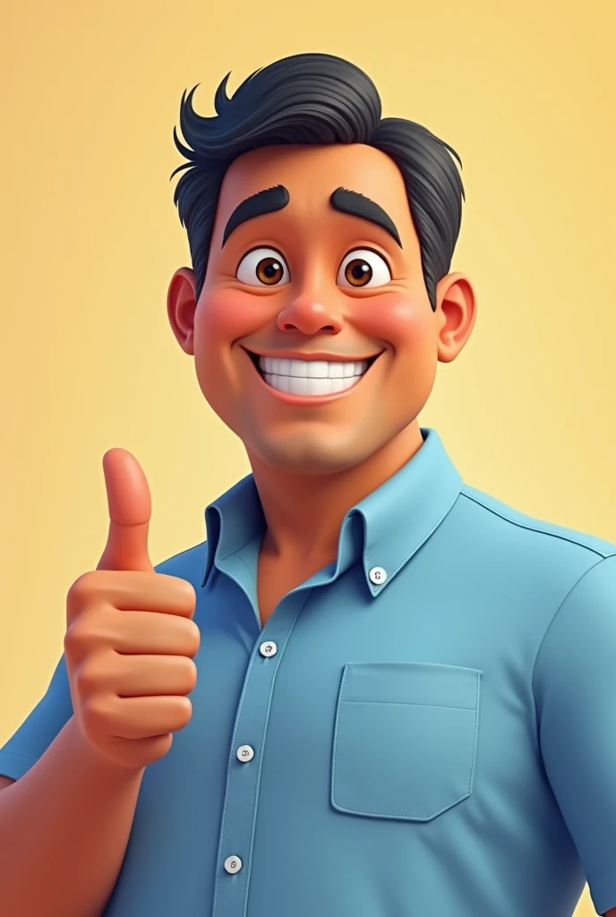 Brazilian man, middle-aged, clear hair, more youthful appearance, slightly chubby face,  ssmile, happy, wearing a light blue dress shirt, making a positive sign with your hand "like", cartoon pixar style
