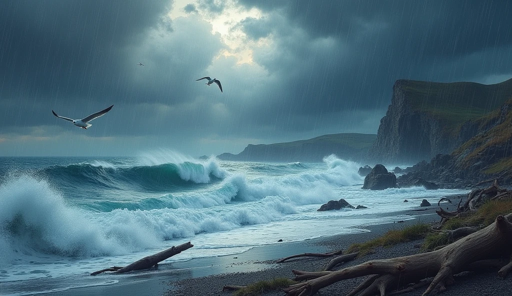 a stormy day at sea in ireland, dark clouds, menacing skies, viewed from the shore, wind, rain, watercolor painting, rough ocean waves, dramatic lighting, moody atmosphere, gloomy sky, heavy rain, crashing waves, driftwood on the beach, seagulls flying, overcast horizon, (best quality,4k,8k,highres,masterpiece:1.2),ultra-detailed,(realistic,photorealistic,photo-realistic:1.37),vibrant colors,cinematic,dramatic composition
