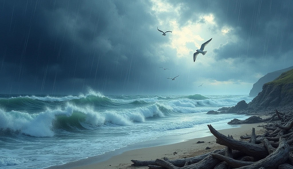 a stormy day at sea in ireland, dark clouds, menacing skies, viewed from the shore, wind, rain, watercolor painting, rough ocean waves, dramatic lighting, moody atmosphere, gloomy sky, heavy rain, crashing waves, driftwood on the beach, seagulls flying, overcast horizon, (best quality,4k,8k,highres,masterpiece:1.2),ultra-detailed,(realistic,photorealistic,photo-realistic:1.37),vibrant colors,cinematic,dramatic composition