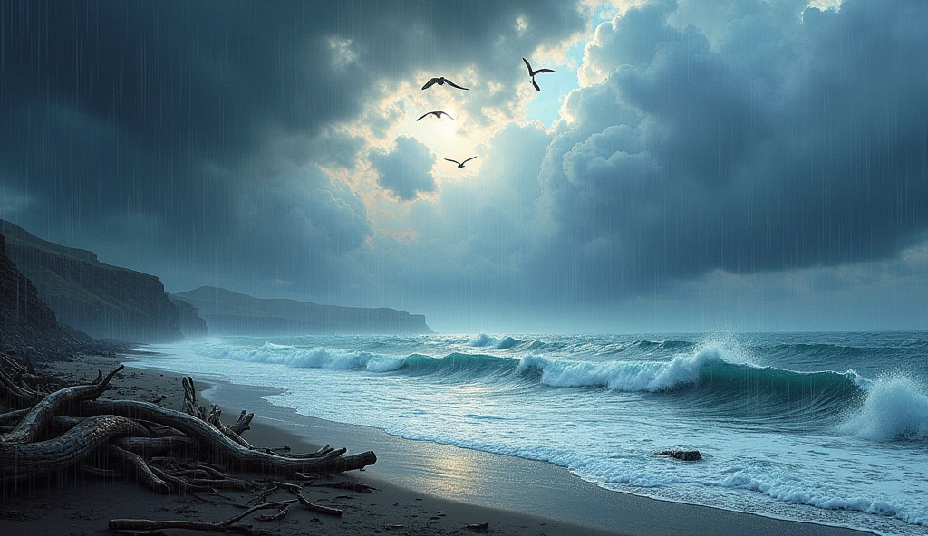 a stormy day at sea in ireland, dark clouds, menacing skies, viewed from the shore, wind, rain, watercolor painting, rough ocean waves, dramatic lighting, moody atmosphere, gloomy sky, heavy rain, crashing waves, driftwood on the beach, seagulls flying, overcast horizon, (best quality,4k,8k,highres,masterpiece:1.2),ultra-detailed,(realistic,photorealistic,photo-realistic:1.37),vibrant colors,cinematic,dramatic composition
