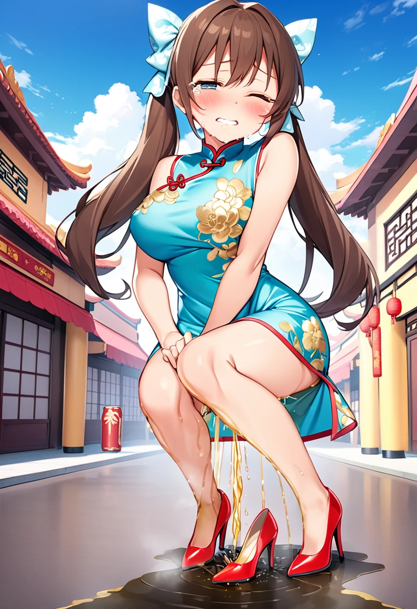 NSFW, (masterpiece, top quality, best quality, highly detailed:1.6), anatomically correct,(pastel colors China dress, Maxi Length:2.5),(Chinese restaurant:2), (standing:2.9),(leaning forward, hands between legs:2), (Touching crotch, holding crotch:3), (close knees, pee running down legs:2.5), (((clutching crotch))), (full body), wide shot, long shot, strong facial expression, (sharp eye:1.2), (scowl:1.1), (embarrassed,blush:2.3), (steam:2.9), (Wet:1.1), (sweat:1.1), (trembling:2.3), (open mouth, wavy mouth:1.4),(drooling:0.3),(clenched teeth:1.7),(tears:3), (half open eyes:3.9), (one eye closed, Wink:2.1), (feeling weak:1.5), (bravery crying, sobbing:1.5), (shoot from front, looking at viewer:1.2), colorful, ((indoor)), (Twintails, very long hair, Dark brown hair, Extra long hair:1.8), (Round Glasses:0.3),(high-heels:1.9), (woman trembling with sexual climax), urination, piss, peeing self, A lot of pee, large breasts, (((pee stream))), (pee puddle), pee stain, peeing, blush, embarrassed, Are crying, Yellow pee, ((leaking pee)), Shaking one's shoulders, Breaking a sweat on forehead, Wetting self, puddle of pee, Pee at your feet, Pee spread on the floor, Pee stains, Dripping pee between my legs, Feet Wet from pee, Pee-covered feet, Pee at your feet, want to pee, about to pee, Full bladder, Pee-soaked high-heels, The limit of holding in pee, A big pee, Pleasant pee, a big puddle of urine at my feet, Non-stop peeing, Unstoppable peeing, panty Wet with pee, can't make it to the toilet in time and I pee, A pleasant feeling of urination after holding it in to the limit,Pee-soaked dress, Pee-soaked thighs,Pee-soaked hands, natural makeup,