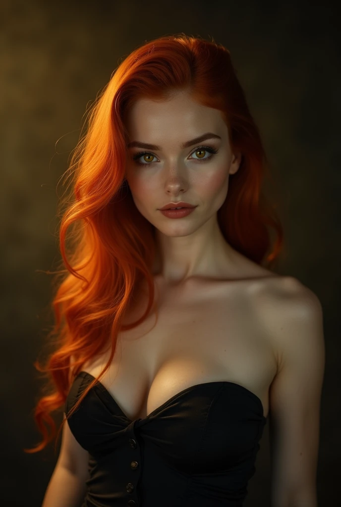 FACE SHOT OF BEAUTIFUL BOMBSHELL RED HAIR WOMAN, LONG RED HAIR, VERY PALE SKIN, YELLOW EYES, EXPRESSIVE YELLOW EYES, ENIGMATIC FACE EXPRESSION,SHY SMILE, GORGEOUS LIPS, ROSY CHEEKS, HIGH CHEEKBONES, MENTAL FORAMEN, VOLUMOUS BREASTS, GORGEOUS BREASTS, STRAPLESS CLEAVAGE, WHITE STRAPLESS, ELEGANT CURVY BODY, FRONTAL ANGLE SHOT, DARK BACKGROUND, DIFUSED LIGHTS, YELLOW BACK LIGHTS, MASTERPIECE