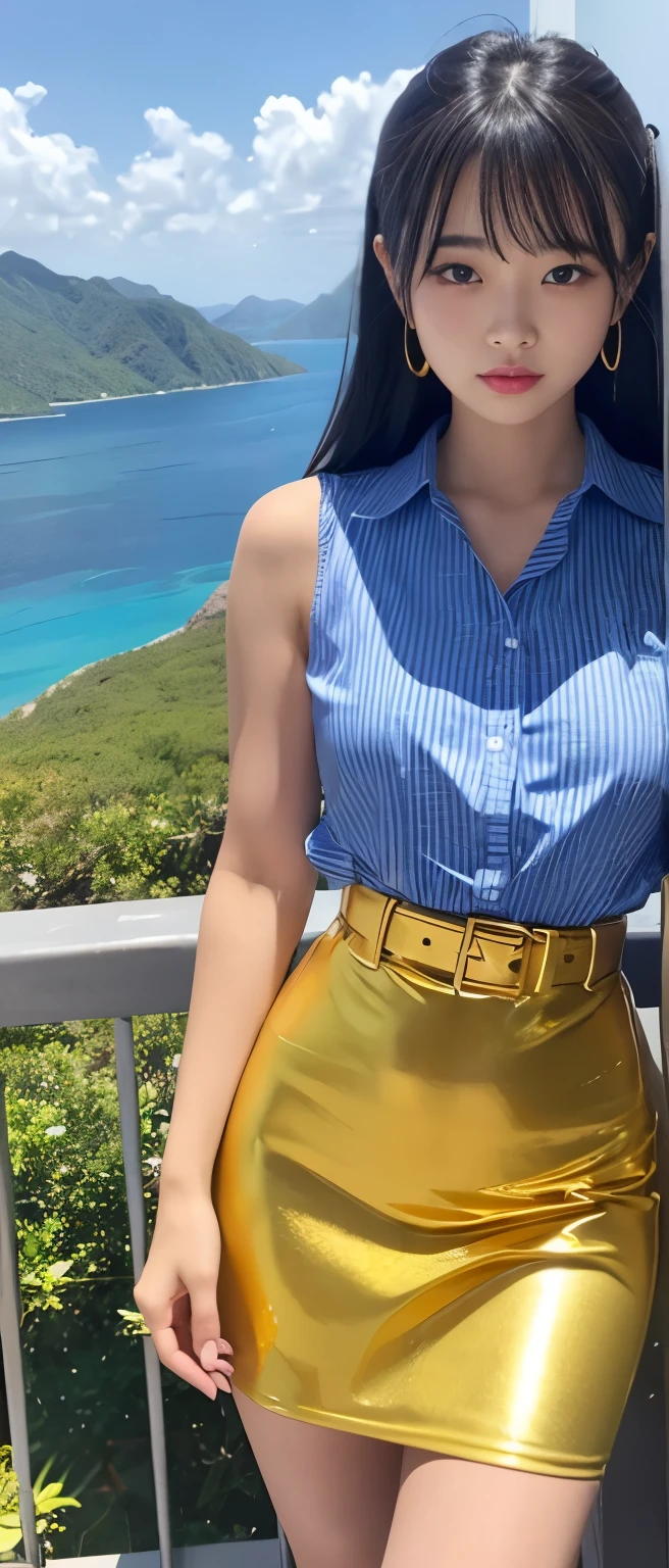 Gorgeous idol girl、whole body、Good style、、、、、、、、、、Thick legs、、、Gold punk tight dress、Shiny Blue Striped Shirt(Sleeveless)、Cool girl face、、Southern Island、、Circle Belt、
