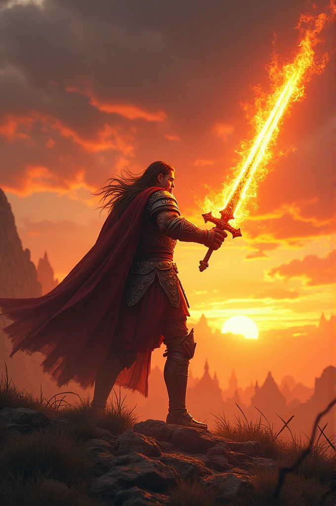 A warrior holding fire sword, in battle field,background sunset,