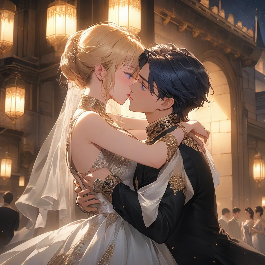 high resolution, details, Masterpiece, Anatomically correct, best quality, 2 people dancing , a man has blonde hair with blue eyes, A woman has long dark blue hair with purple eyes.., High Quality, couple , lover ,luxury, dynasty ,castles.night light. dim lighting. romantic. kiss. Expressions of love . at night. , Look at each other..... . Embarrassed ,dimlight, both dress luxury. Kissing