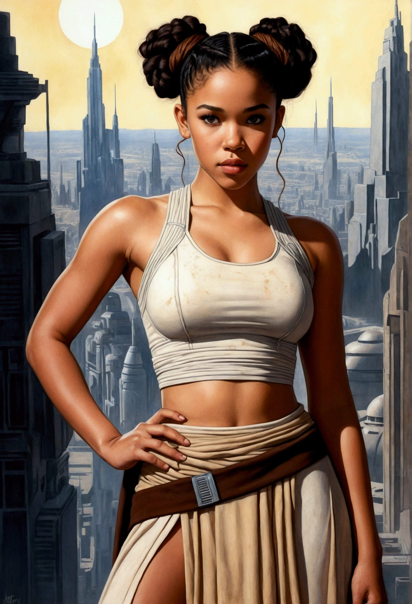 An illustrated movie poster, hand-drawn, full color, a age Jedi, 18-years-old, female, wearing a crop top and a skirt, athletic hourglass figure, busty bosoms, full wide hips, massive round butt, long shapely legs, ridiculously thick powerful thighs, hazel eyes, dark hair, curly ponytail, warm brown complexion, resembles Alexandra Shipp, standing above Coruscant, graphite shading, stencil marks, airbrushed acrylic paint, masterpiece, in the style of Drew Struzan