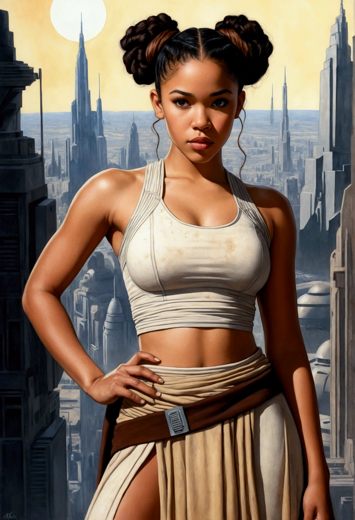 An illustrated movie poster, hand-drawn, full color, a teenage Jedi, 18-years-old, female, wearing a crop top and a skirt, athletic hourglass figure, busty bosoms, full wide hips, massive round butt, long shapely legs, ridiculously thick powerful thighs, hazel eyes, dark hair, curly ponytail, warm brown complexion, resembles Alexandra Shipp, standing above Coruscant, graphite shading, stencil marks, airbrushed acrylic paint, masterpiece, in the style of Drew Struzan