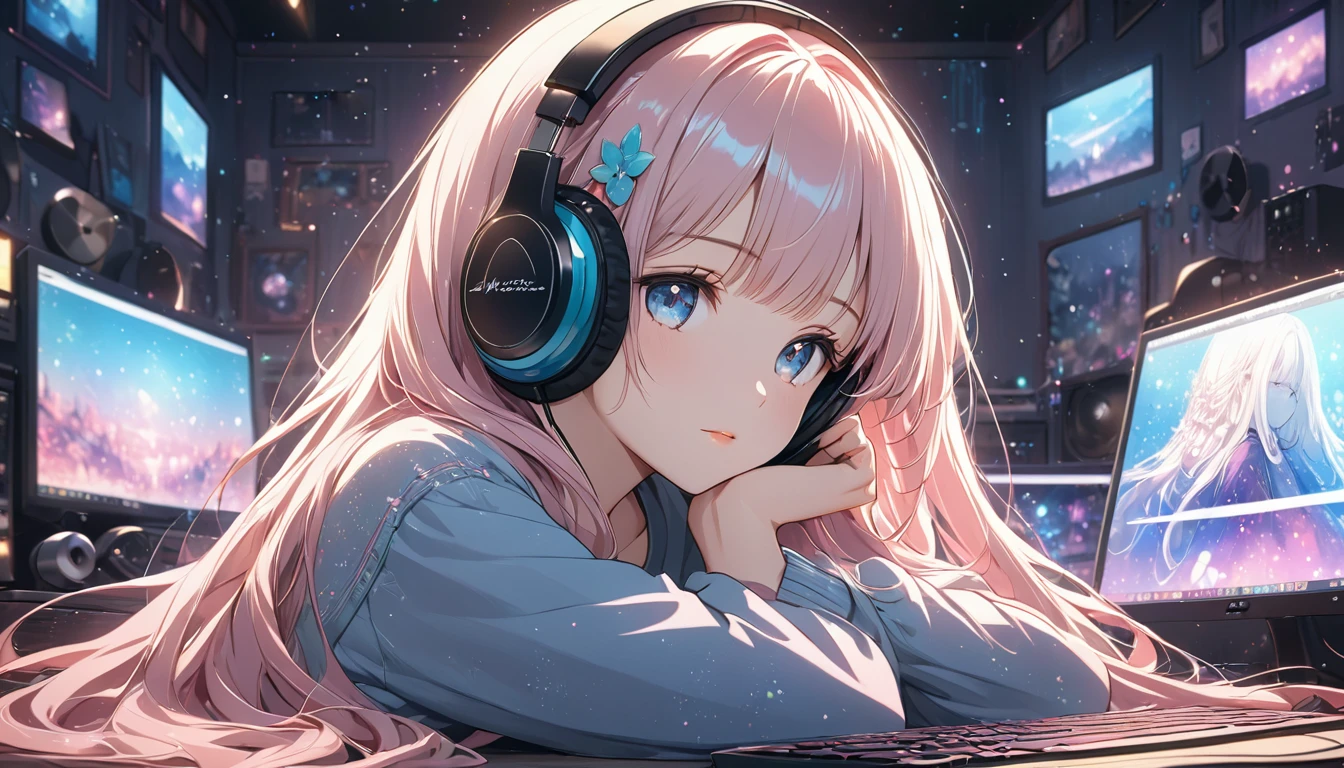 Highest quality, Intricate details, Very delicate, so beautiful, Highest quality, High Qualite, Very beautiful face, kindness, 超detailed hair, thin, cute, Perfectly symmetrical face, Upper body rest (Beautiful colors,detailed,Highest quality,Great quality,so beautiful),Lighting particles, Casual Fashion, Headphones,computer, Glitter, long hair, Anime Style 4 k, art wallpaper 8k, LOFI Girl, 4K anime atmosphere, Lo-fi art style, Anime Style, 8k, Stylish room