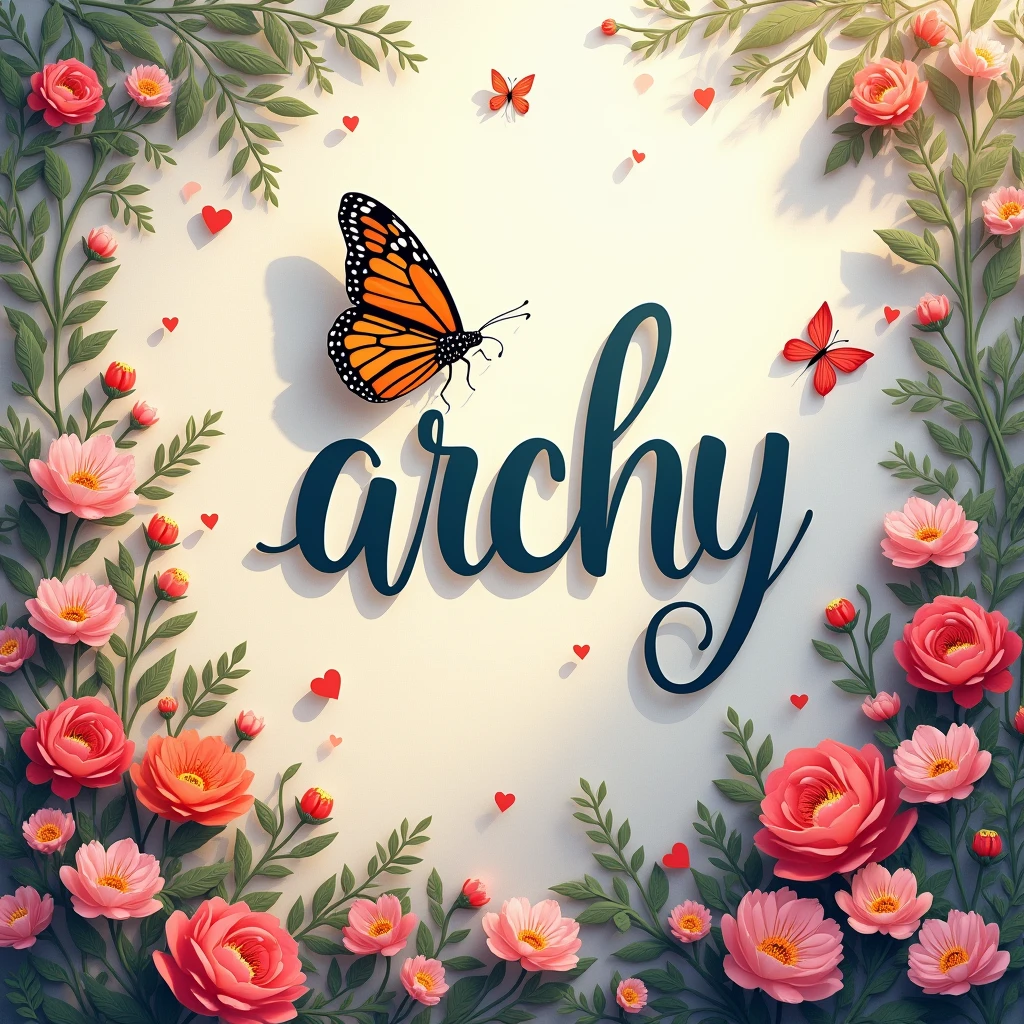 A detailed illustration with a butterfly, on a wall with big handwritting text "Archy" in the center, surrounded by flowers, leaves, and hearts, vibrant colors, intricate detail, photorealistic, best quality, 4k, 8k, highres, masterpiece:1.2, ultra-detailed, realistic, photorealistic, photo-realistic:1.37, HDR, UHD, studio lighting, ultra-fine painting, sharp focus, physically-based rendering, extreme detail description, professional, vivid colors, bokeh