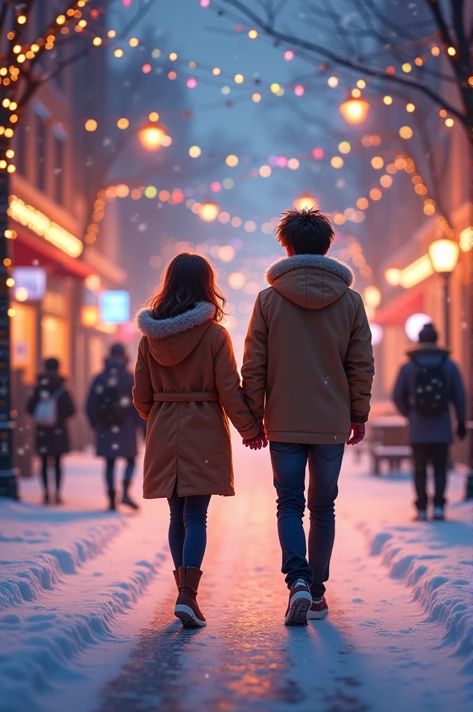 A age couple is walking in the the streets holding hand streets, colourfull lights decorated the streets,snow is falling,they are not wearing beanie