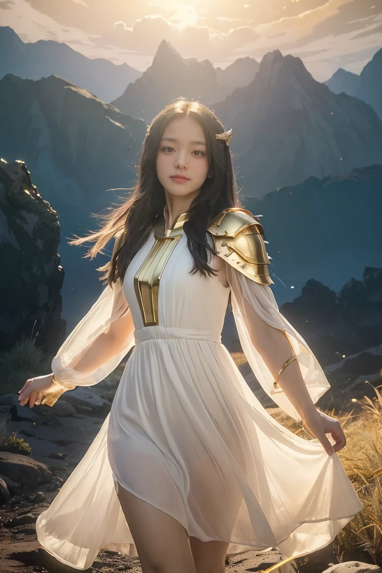 ((Masterpiece, best quality, very detailed), Volumetric light, surrounding occlusion, colorful, glow), 1 girl, alone, young girl, (dark hair), long hair, Ranger suit, Hunter Class DND, (White dress with gold details:1.3), armor, outdoor, sunset, sky, cloud, space, (Fantasy Theme:1.2),