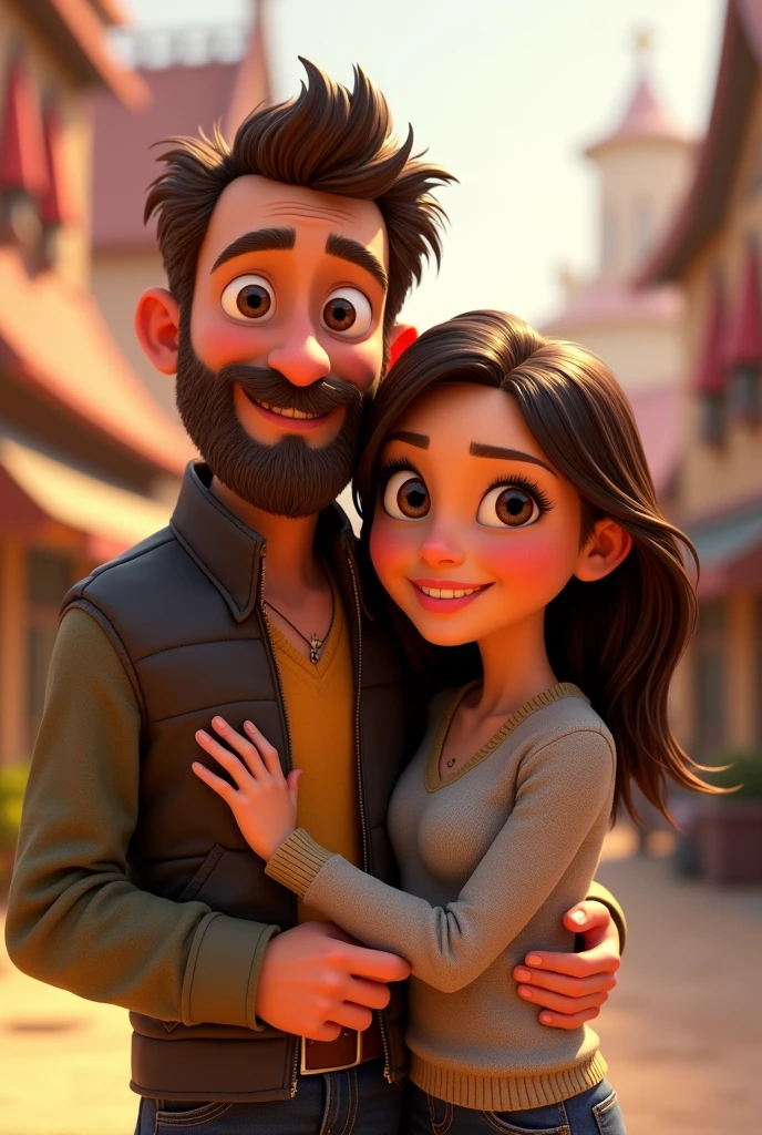 Disney pixar couple. man with beard, Spiky brown hair, large nose, woman's brown hair is darker than man's