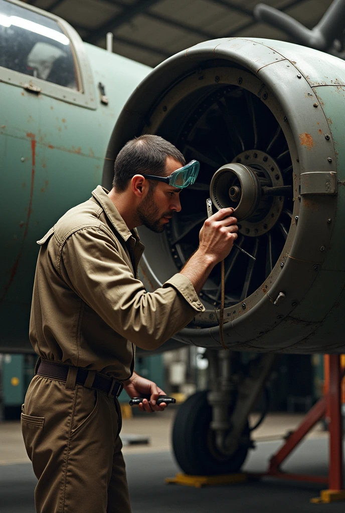 A man repairing open aircraft engine