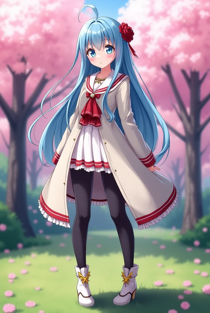 A beautiful  fantasy anime bully girl with long straight blue hair and shiny blue eyes is standing in the yard with a cherry tree behind her. Milk colored long school coat uniform with red and gold stripes, long black tights, white dress shoes with gold jewels. sweet smile , rosy cheeks and mischievous look, shining in the light of day.