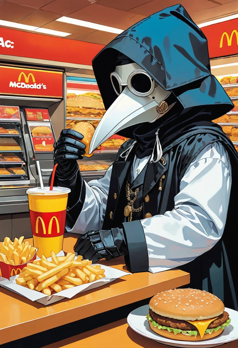 (masterpiece, best quality:1.1), (ultra highres, ultra-detailed:1.2),pop-art style,flatcolor, (he is eating a big mac),sitting,French fries, juice, and McNuggets are placed on the table,(in McDonald's shop), BREAK chibi-boy,((wearing plague-doctor costume,plague-doctor's white beak-mask)),eyes glow blue,black hood and black lab-coat, mecha arm,
