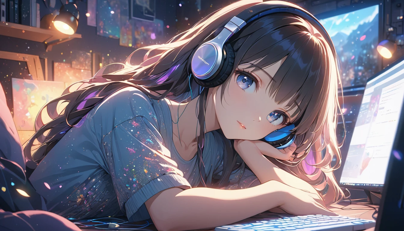 Highest quality, Intricate details, Very delicate, so beautiful, Highest quality, High Qualite, Very beautiful face, kindness, 超detailed hair, thin, cute, Perfectly symmetrical face, Upper body rest (Beautiful colors,detailed,Highest quality,Great quality,so beautiful),Lighting particles, Casual Fashion, Headphones,computer, Glitter, long hair, Anime Style 4 k, art wallpaper 8k, LOFI Girl, 4K anime atmosphere, Lo-fi art style, Anime Style, 8k, Stylish room