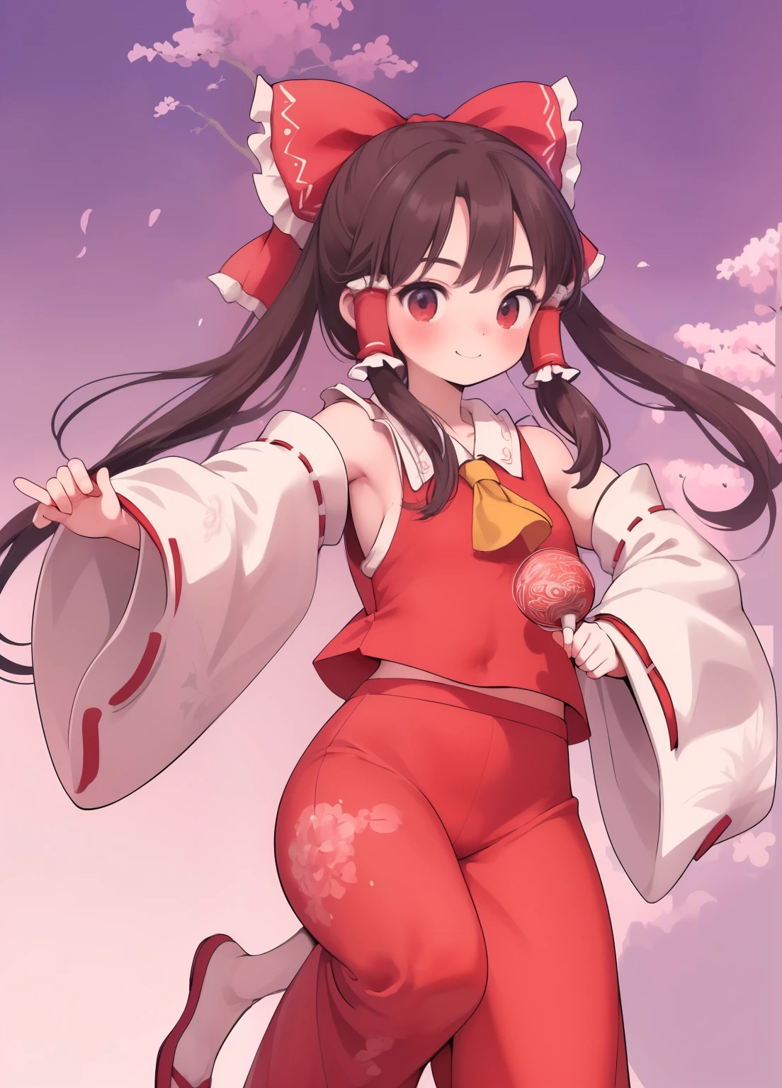 <lora:meiling_scc:0.7> masterpiece, best quality, 1girl, solo, long hair, looking at viewer, smile, open mouth, bangs, simple background, red eyes, long sleeves, dress, ribbon, twintails, full body, hair ribbon, shoes, wide sleeves, hair bun, red ribbon, bell, double bun, chinese clothes, leg up, standing on one leg, outstretched arms, red footwear, jingle bell, yellow background