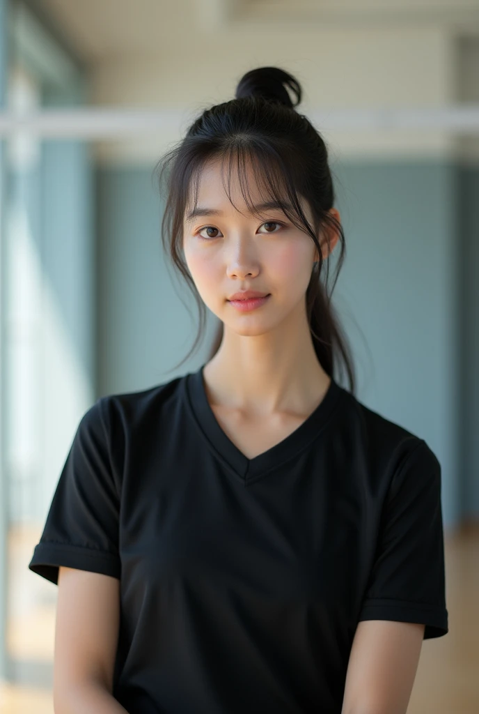 Korean female volleyball player looks like park hye min. fair skin. high nose, hair tied up without bangs. using a plain black jersey without the club logo no. 10. being interviewed facing the camera in the volleyball practice room