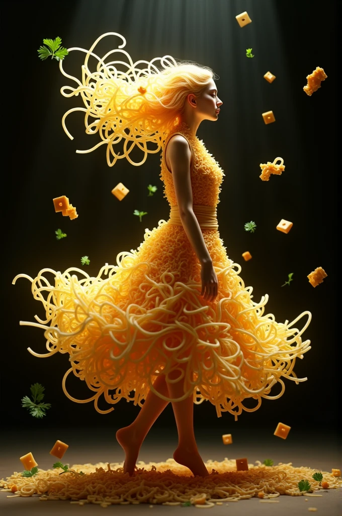 To generate an image similar to this one, you can use a prompt like this:

"A graceful female figure made entirely of spaghetti noodles, twirling and dancing in a flowing dress of pasta. Her hair is also made of noodles, gently swirling around her. Surrounding her are tiny pieces of parsley and other small pasta shapes floating in mid-air. The background is dark, creating a contrast that highlights the intricate details of the noodle dress and the scattered ingredients. The scene is whimsical and magical, with a soft, warm light illuminating the figure from above."