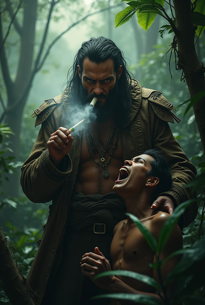 A cigarette warlord, smoking a human in depth of Amazon jungle