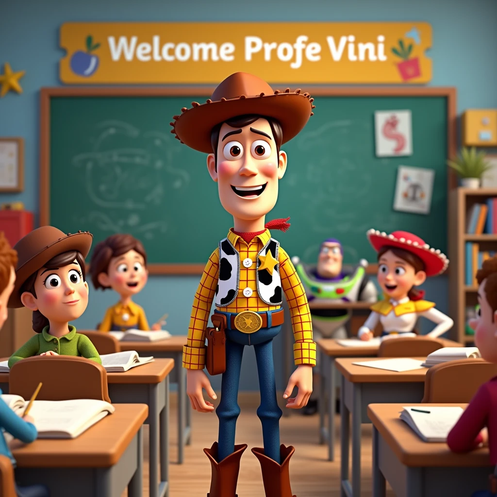 Generates an image of a banner with a Toy Story theme, Woody dressed as a teacher and the other characters in a classroom, at the top with the phrase welcome Profe Vini in Spanish.