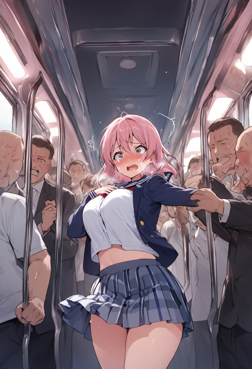 Female *******、Sailor suit、Very short pleated skirt、Crowded train、One Woman、Cute Woman、Many passengers、Thick thighs、Best image quality、High resolution、masterpiece、super high quality、Pink Good、Pink Panties、Big Ass、Large Breasts 、blush、4k quality、Reached orgasm、Wearing black knee socks、Heavy breathing、From directly below、From directly below、, 1 personの, Raise your arms, 1 person, {{{The man put his hand on his crotch.}}}, Inside the train, Crowded, Crying face、（Affirmative prompts）
(1 person)++, (masterpiece)+++, (Highest quality)+++, (Super cute)+++, lovelive!, Anime Color, , tears, (vapor)+++ , Being abused ,feigned ignorance, wearing blazer whiteshirt ,Check skirt , (Roll up your shirt), Bra is out of place ,arched back, Crowded train,  (standing behind a lot of men )++, Dynamic pose, Dynamic hand movements, (Grab your chest)+++, A man grabs a woman's arm , (Hands frying), (Floating Hand), (Grab from behind),From directly belowのアングル