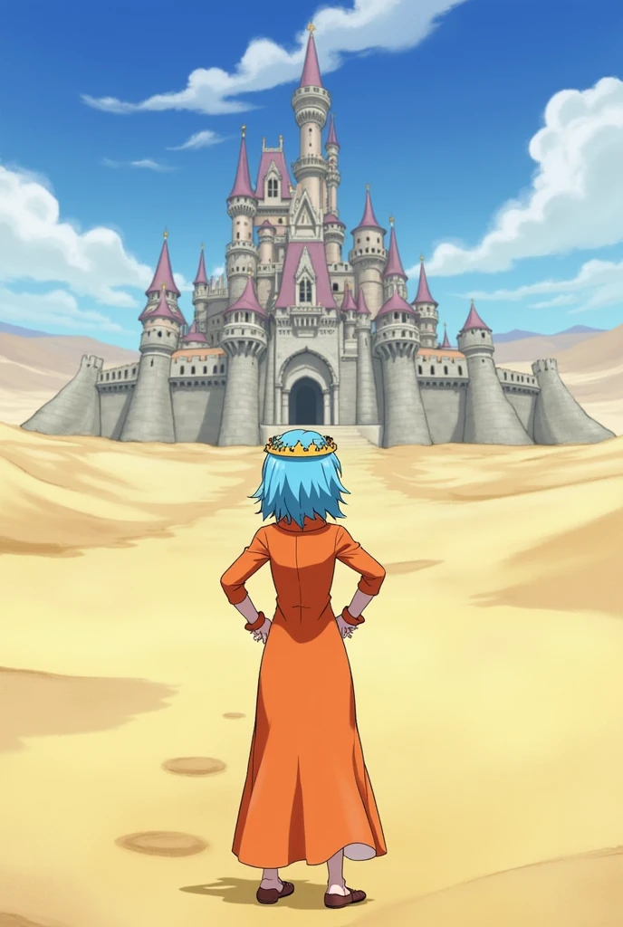 masterpiece, Highest quality, One, 1 person, Orange Hair, Blue Hair, :is, Orange Dress, I look at the audience, Outdoors, sand, sand dunes, Huge castle, Crown, Are standing, whole body, Cowboy Shot, Hands on hips,