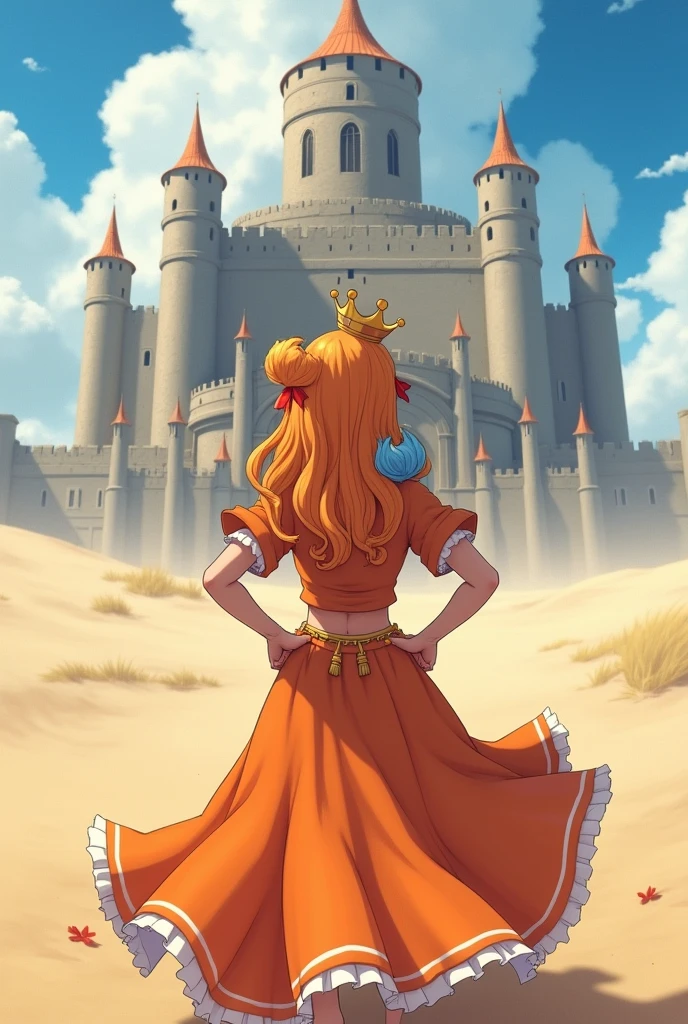 masterpiece, Highest quality, One, 1 person, Orange Hair, Blue Hair, :is, Orange Dress, I look at the audience, Outdoors, sand, sand dunes, Huge castle, Crown, Are standing, whole body, Cowboy Shot, Hands on hips,