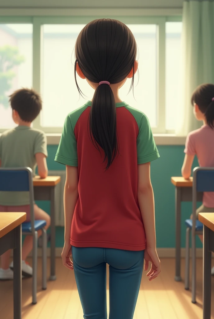 Girl who is wearing blue tight trousers has her back facing the camera and her feet are visible red full sleeves t shirt with light green sleeves background is a classroom 