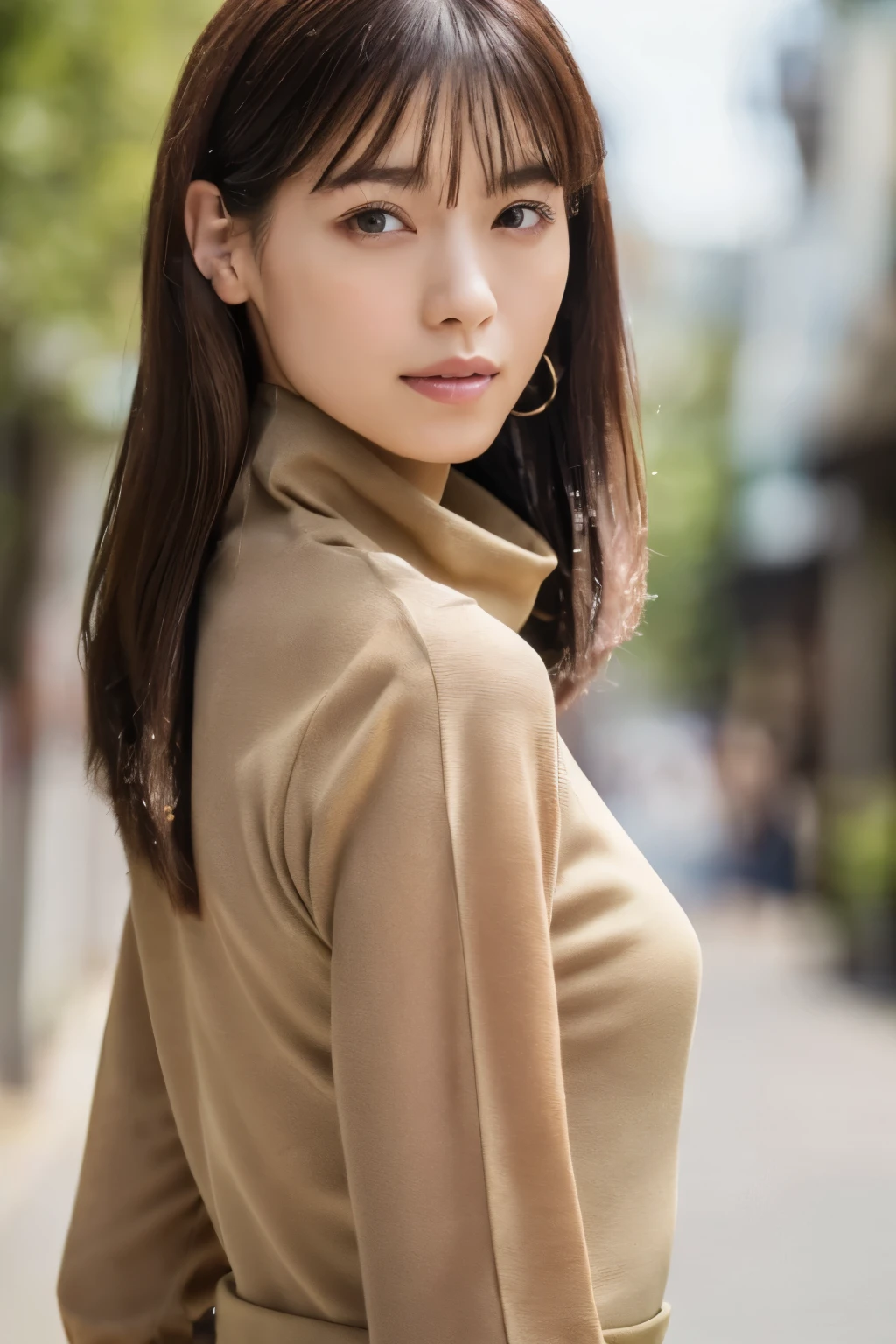 ((top-quality, in 8K, masterpiece:1.3)), Beautiful Japanese woman, perfect body:1.4, Slim abs:1.2, ((Straight hair:1.2)), (turtle neck:1.1), (a street:1.2), wetbody:1.5, Three-dimensional texture, A detailed eye, Brown hair, very thin waist, posterior view, looking back to the viewers