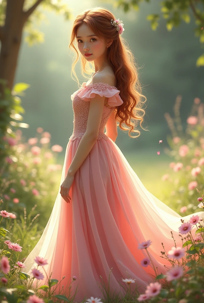 Make a princess with a delicate pink dress