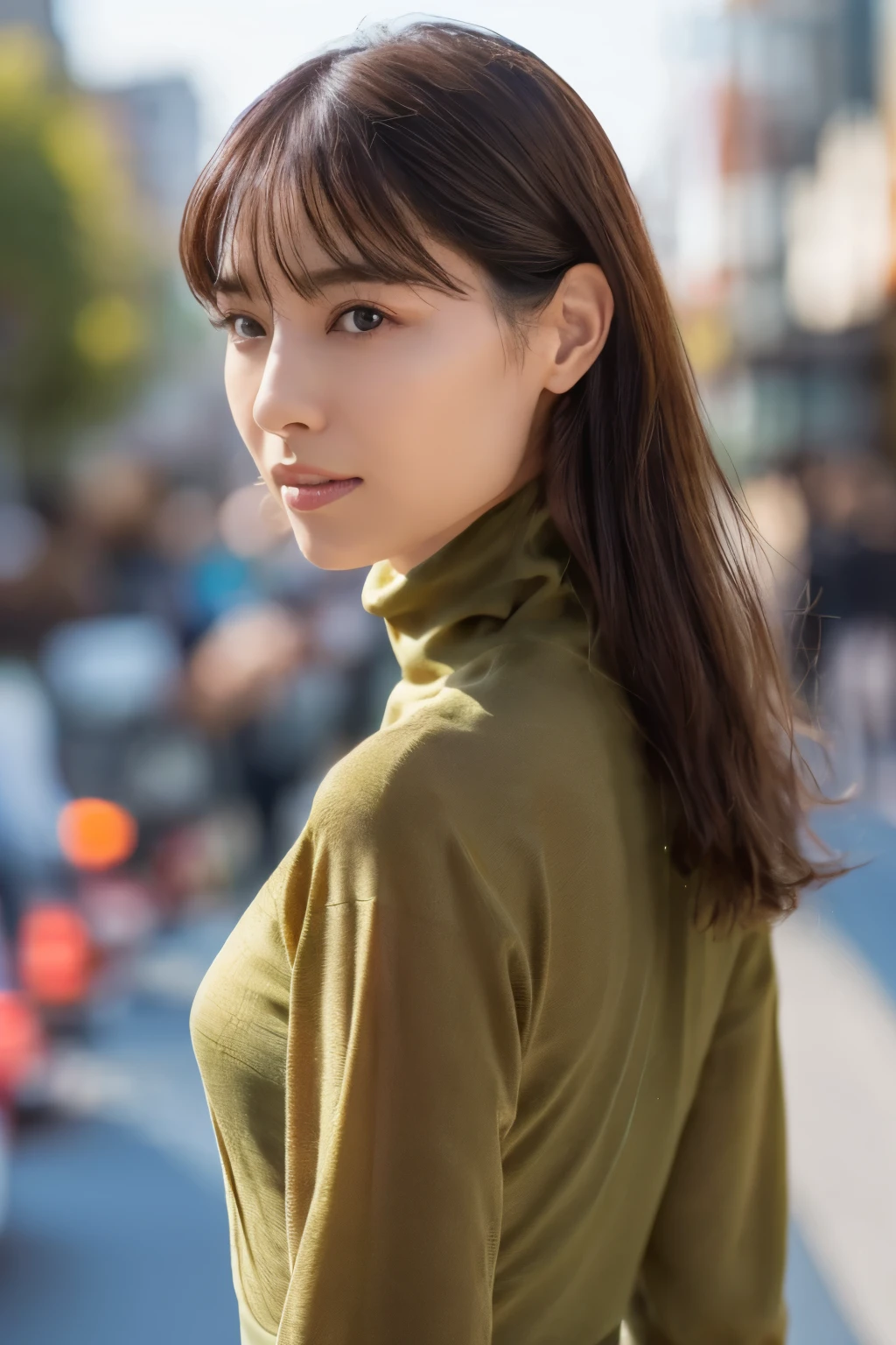 ((top-quality, in 8K, masterpiece:1.3)), Beautiful Japanese woman, perfect body:1.4, Slim abs:1.2, ((Straight hair:1.2)), (turtle neck:1.1), (a street:1.2), wetbody:1.5, Three-dimensional texture, A detailed eye, Brown hair, very thin waist, posterior view, looking back to the viewers