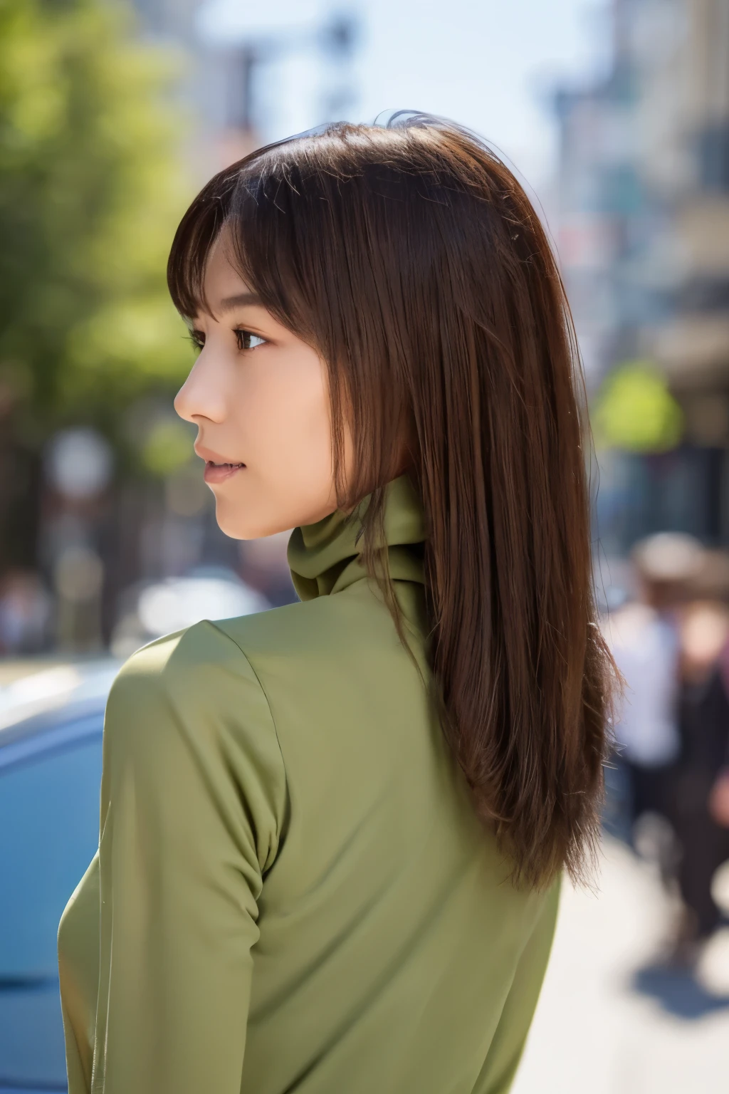 ((top-quality, in 8K, masterpiece:1.3)), Beautiful Japanese woman, perfect body:1.4, Slim abs:1.2, ((Straight hair:1.2)), (turtle neck:1.1), (a street:1.2), wetbody:1.5, Three-dimensional texture, A detailed eye, Brown hair, very thin waist, posterior view, looking back to the viewers